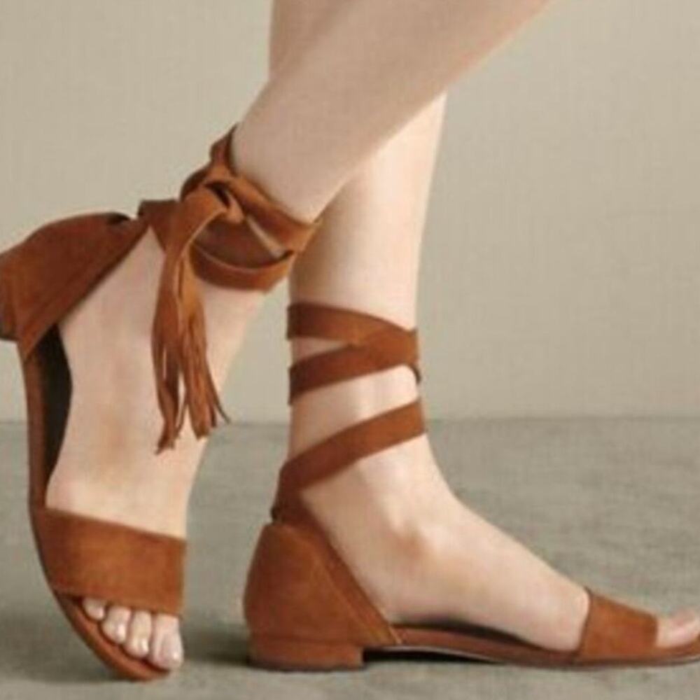 Stuart Weitzman Corbata Wrap Suede Sandals fringe amaretto size 7.5
